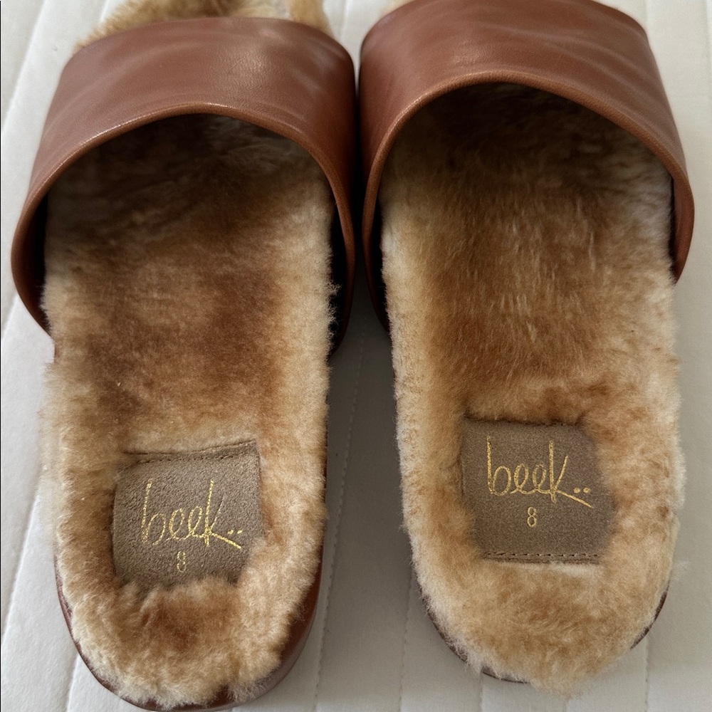 Beek Tan Leather Pelican Shearling Slide Sandals - Picture 3 of 4